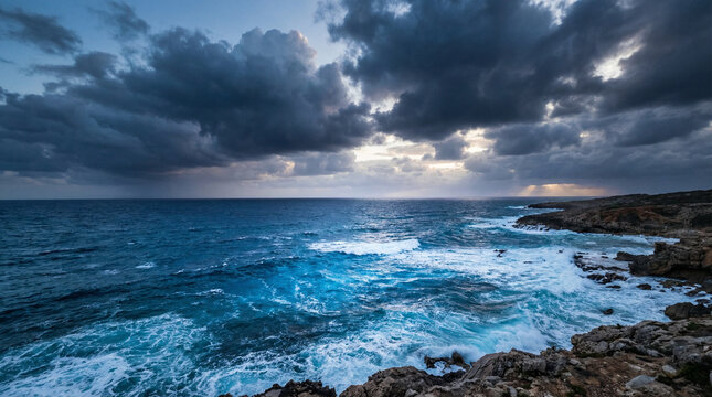 Storm Clouds Rolling Over Deep Blue Ocean Horizon. Dramatic wide seascape with dark cumulus clouds contrasting brilliant blue water, powerful atmospheric tension