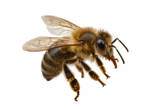 A fuzzy European honey bee with golden pollen on its legs, captured in a dynamic flying pose, isolated on a transparent background, for biology