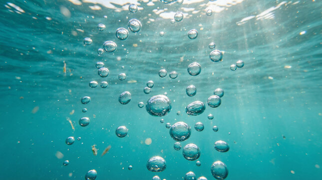 Underwater Bubbles Rising Through Sunlit Blue Water. Macro capture of air bubbles ascending through crystal clear ocean water with sun rays penetrating surface