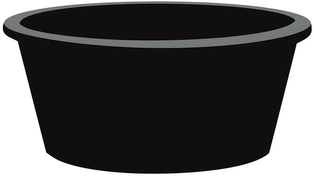 A dark round bucket. The bucket is empty and made of plastic