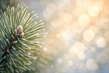 Fototapeta premium Close-up of a green pine branch covered in frost and ice crystals against a bright glowing winter bokeh background