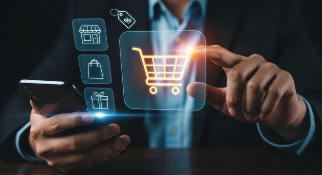 Digital Shopping Cart and Icons Representing Online Retail and E-commerce Business Growth