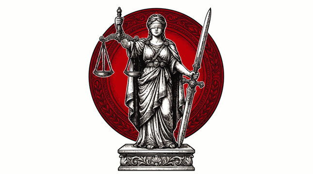 Symbol of Lady Justice holding scales and sword against a red circle background.