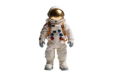Miniature astronaut in a white space suit with a golden visor, standing upright, isolated PNG, perfect for space exploration concepts © Niamh