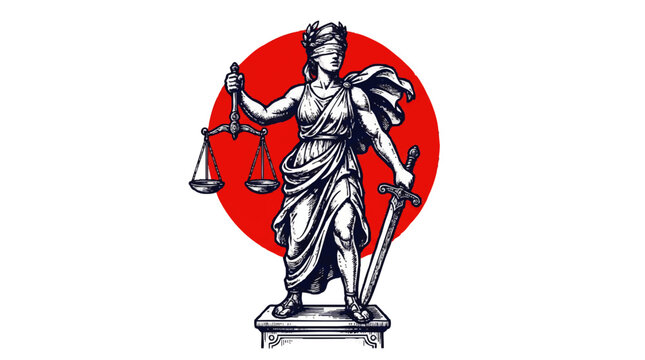 Stylized illustration of Lady Justice holding scales and a sword against a red circular background.