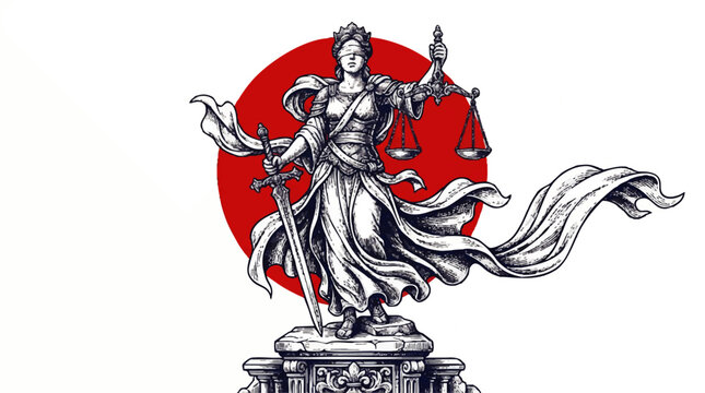 Engraved illustration of Lady Justice holding a sword and scales against a red circle background.