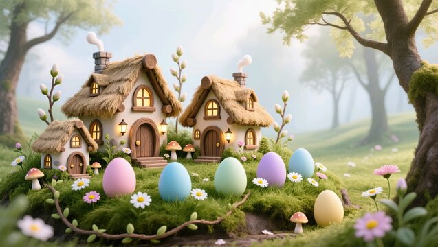 Magical Easter Village with Pastel Eggs and Fairy Tale Spring Cottages