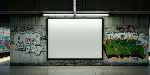 Fototapeta premium Subway station interior. Blank billboard centered on graffiti covered concrete wall. Dim lighting creates dramatic effect. Empty space dominates scene.