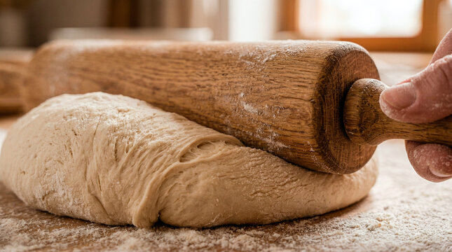 Close-up of a baker's hand using a wooden rolling pin to flatten fresh dough on a floured surface