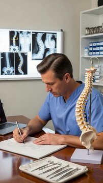 Male Orthopedic Surgeon Planning Scoliosis Surgery with Spine Model and X-rays
