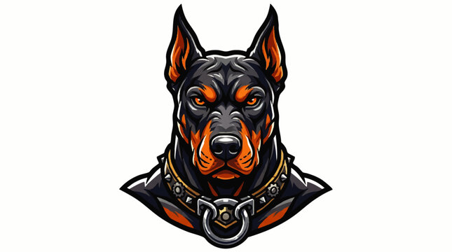 Aggressive Doberman pinscher dog head illustration with a spiked collar.