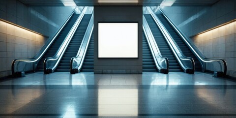 Fototapeta premium Subway station interior features escalators, blank billboard. Cool lighting creates dramatic perspective, modern design. Clean lines, symmetrical composition.