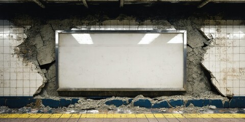 Fototapeta premium Subway station wall damaged. Blank billboard visible amidst crumbling tiles, concrete debris. Dim lighting creates somber mood.