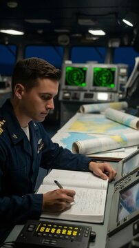 Caucasian male maritime officer recording data in a nautical logbook on a vessel bridge