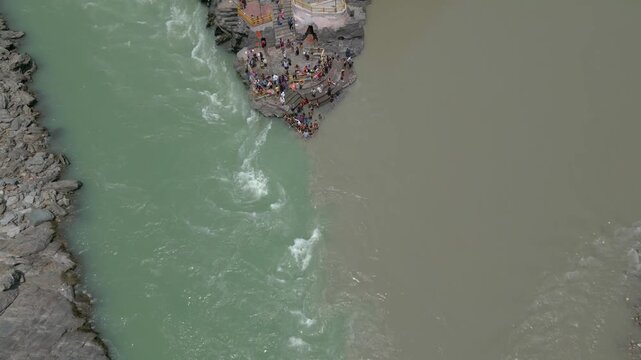 Aerial view of Devprayag Sangam, Devprayag is a town and a nagar panchayat, near New Tehri city in Tehri Garhwal District in the state of Uttarakhand, India,
