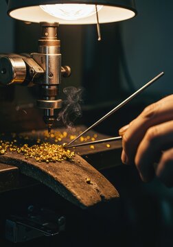 Detailed view of a skilled jeweler preparing to fuse pure golden granules using specialized equipment in a traditional workshop setting ,golden ,pure ,gold