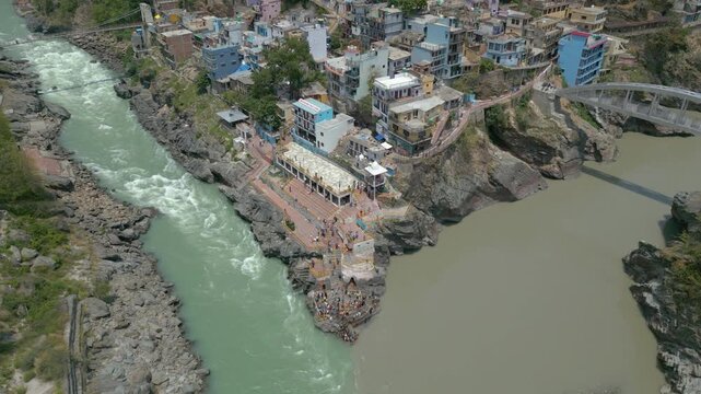 Aerial view of Devprayag Sangam, Devprayag is a town and a nagar panchayat, near New Tehri city in Tehri Garhwal District in the state of Uttarakhand, India,
