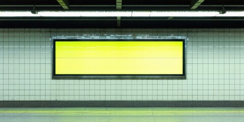 Fototapeta premium Subway station interior features blank yellow billboard. Tiled walls, dim lighting create stark contrast, empty platform visible.