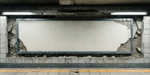 Fototapeta premium Subway tunnel shows damaged billboard. Concrete crumbling, lights illuminate empty space. Dark, gritty urban scene.