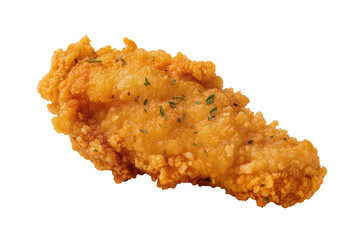 Crispy golden brown fried chicken tender, perfectly seasoned with herbs, isolated on a transparent background, delicious fast food snack PNG