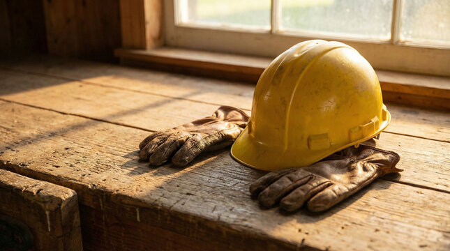 Yellow Hard Hat with Safety Gloves on Wooden Workbench. Close-up of bright yellow construction helmet beside leather work gloves, warm natural light casting soft shadows on rustic wood surface