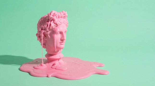 Pink classical bust statue melting into a liquid pool on a mint green surface. Surreal pop art concept blends history with modern hyper-sensory aesthetics. Perfect for creative advertising.
