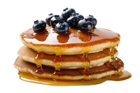 Delicious stack of golden pancakes with fresh blueberries and dripping maple syrup, isolated PNG on transparent background, perfect for breakfast menus
