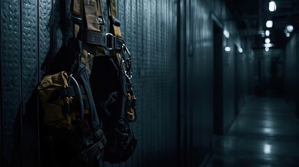 Commercial Safety Workplace Certification Industrial Safety Harness Hanging on Metal Wall in Dark Corridor with Ambient Lighting