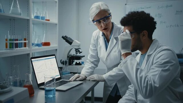 Mentor shares crucial moment guiding young scientist in laboratory with glassware microscope and laptop during research and data analysis session