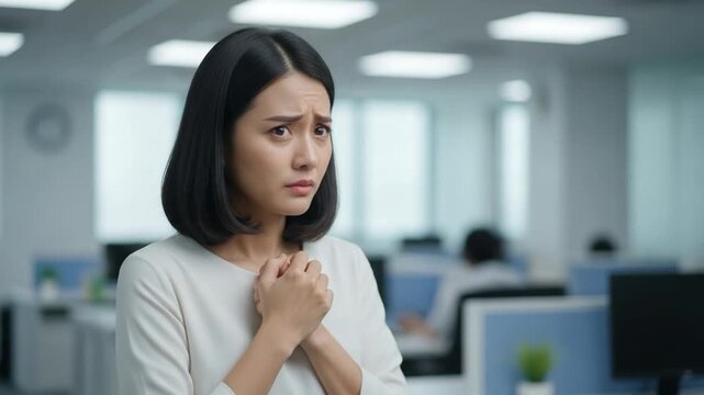Stressed young Asian female employee experiencing workplace anxiety and imposter syndrome