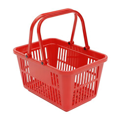 A red plastic shopping basket on a white background