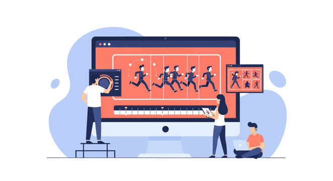 People working on computer creating animation, motion graphics, and video editing.