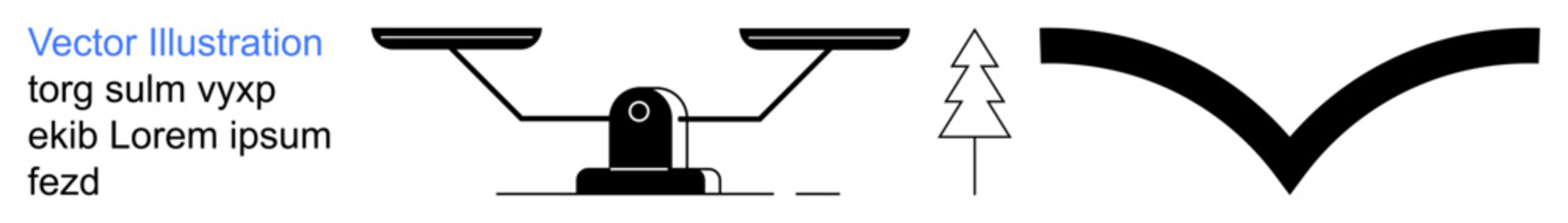 Decision-making, environmental awareness, equality, legal system, minimalism, abstract design. Balance scale, tree and V-shape icons as minimal linear graphic forms. Decision-making
