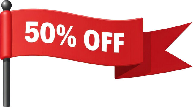 Red Banner with Fifty Percent Off Text.