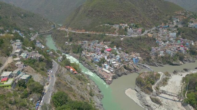 Aerial view of Devprayag Sangam, Devprayag is a town and a nagar panchayat, near New Tehri city in Tehri Garhwal District in the state of Uttarakhand, India,