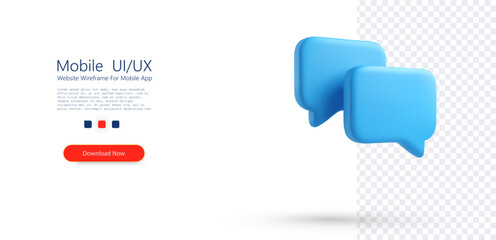 Minimal 3D chat bubble icon set with blue speech message symbols isolated on transparent background, representing communication, conversation, messaging, support, feedback, and digital interaction.