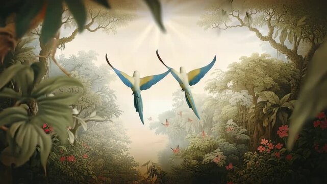 Fantasy Birds Flying Through Magical Forest