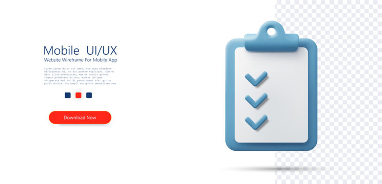 Minimal 3D clipboard checklist icon with blue frame and check marks isolated on transparent background, representing task completion, planning, verification, productivity, and workflow management.