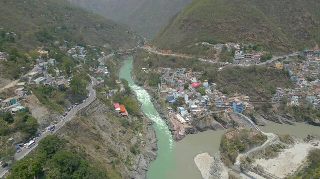 Aerial view of Devprayag Sangam, Devprayag is a town and a nagar panchayat, near New Tehri city in Tehri Garhwal District in the state of Uttarakhand, India,
