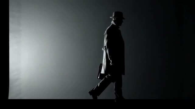Silhouette of a man in a hat and coat holding a briefcase walking in the dark. Mysterious secret agent or detective walking in motion. Noir cinema concept.