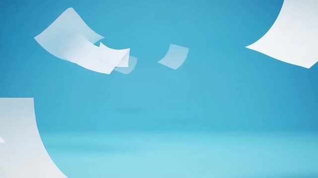 Falling Papers in Airy Space: Abstract scene of white papers floating gracefully against a serene blue backdrop, symbolizing freedom and the creative process. 