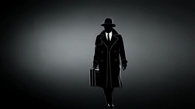 Silhouette of a man as a detective wearing a trench coat and hat carries a briefcase. Noir mystery scene representing secret mission and shadow intelligence work.