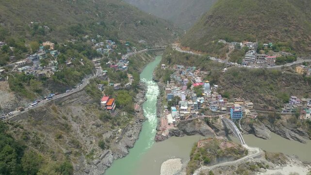 Aerial view of Devprayag Sangam, Devprayag is a town and a nagar panchayat, near New Tehri city in Tehri Garhwal District in the state of Uttarakhand, India,