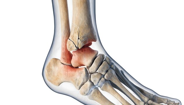 Detailed 3D medical illustration of a human ankle featuring a malleolar fracture of the distal fibula and tibia. Translucent soft tissues, Achilles tendon, and a red highlight on a white background.