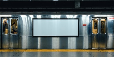 Fototapeta premium Subway car interior visible. Blank advertisement space dominates view. Platform tiles below, dark tunnel surrounds scene. Passengers present.