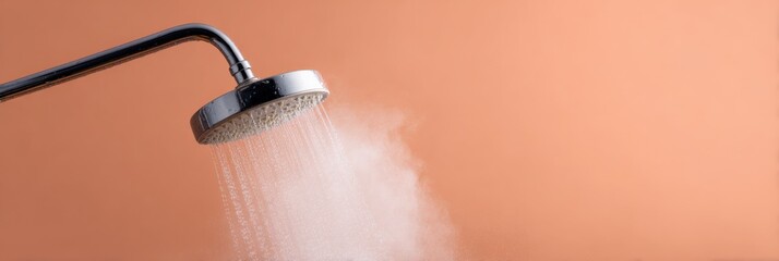 Naklejka premium Chrome showerhead emitting misty steam and fine water spray on peach background for a warm bathroom atmosphere
