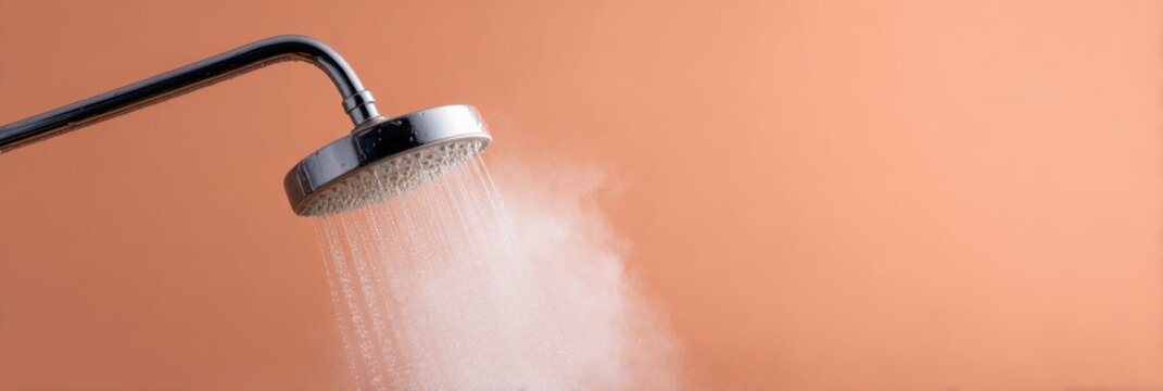 Chrome showerhead emitting misty steam and fine water spray on peach background for a warm bathroom atmosphere