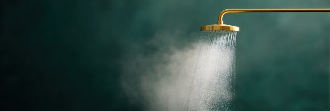 Gold showerhead mist teal steam elegant bathroom composition with flowing water and soft vapor on deep green backdrop