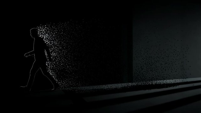 Silhouette of a man dissolving into digital particles in a dark corridor. Abstract concept of human disappearance, mystery, and data transformation in motion.