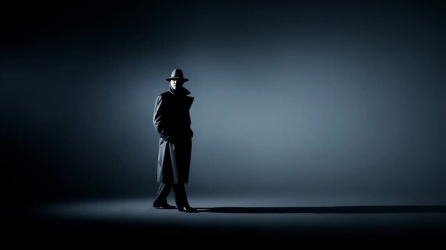 Mysterious man walks in darkness wearing a trench coat and hat. Noir detective searching for clue in shadows. Secret investigation and crime thriller film scene.